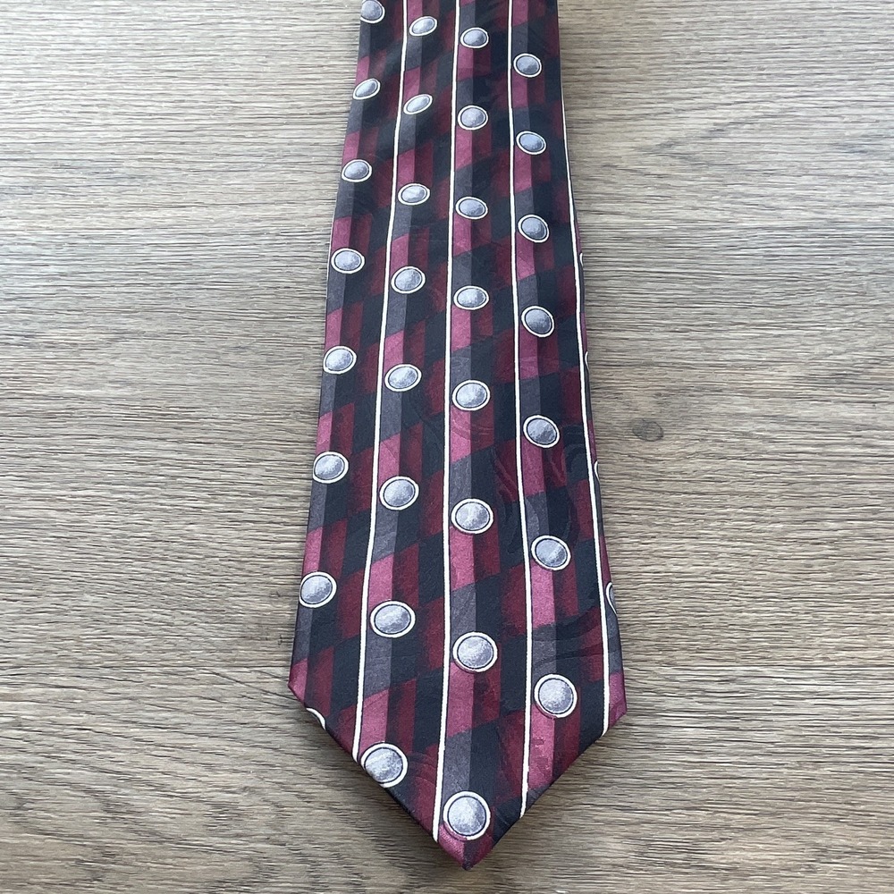 Mens Gino Pompeii Silk Necktie Burgundy Black Vertical Stripe Dot Pattern